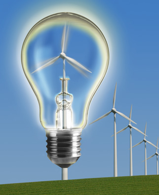 Digital composite of lightbulb and wind turbines