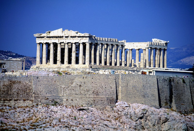 Low angle view of the Acropolis and Parthenon, Athens, Greece