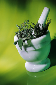 Herbs in mortar with pestle